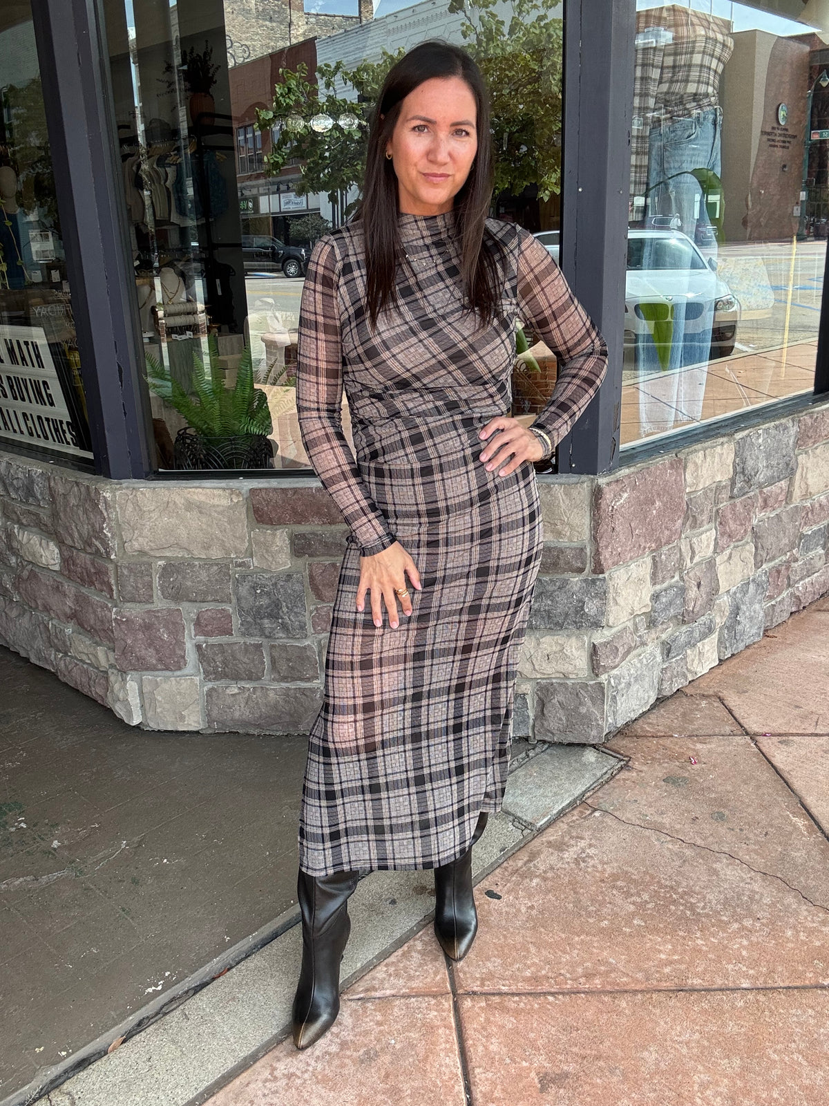 Marlowe Plaid Midi Dress - Black Multi