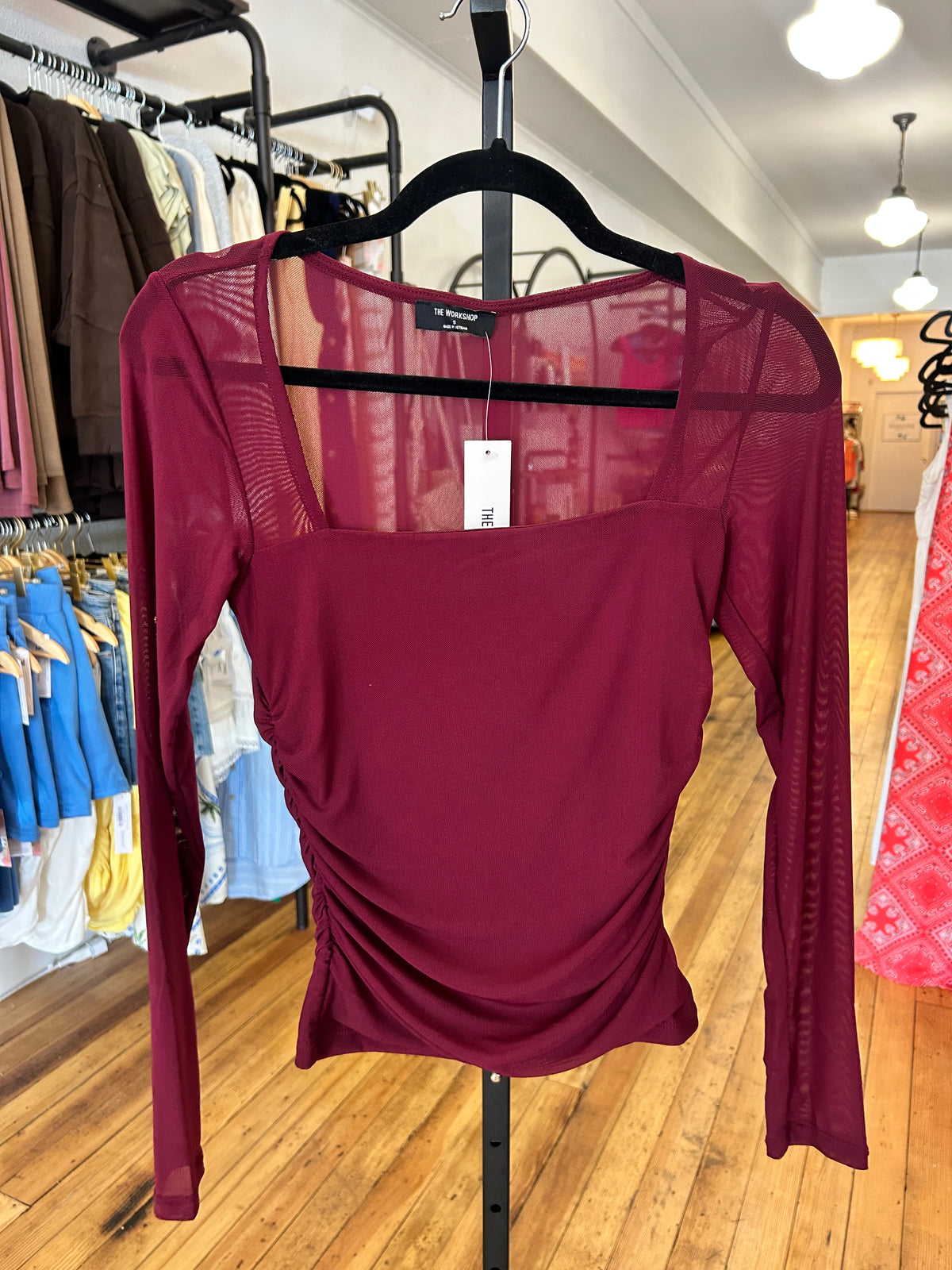 Cassie Sheer Sleeve Top Burgundy