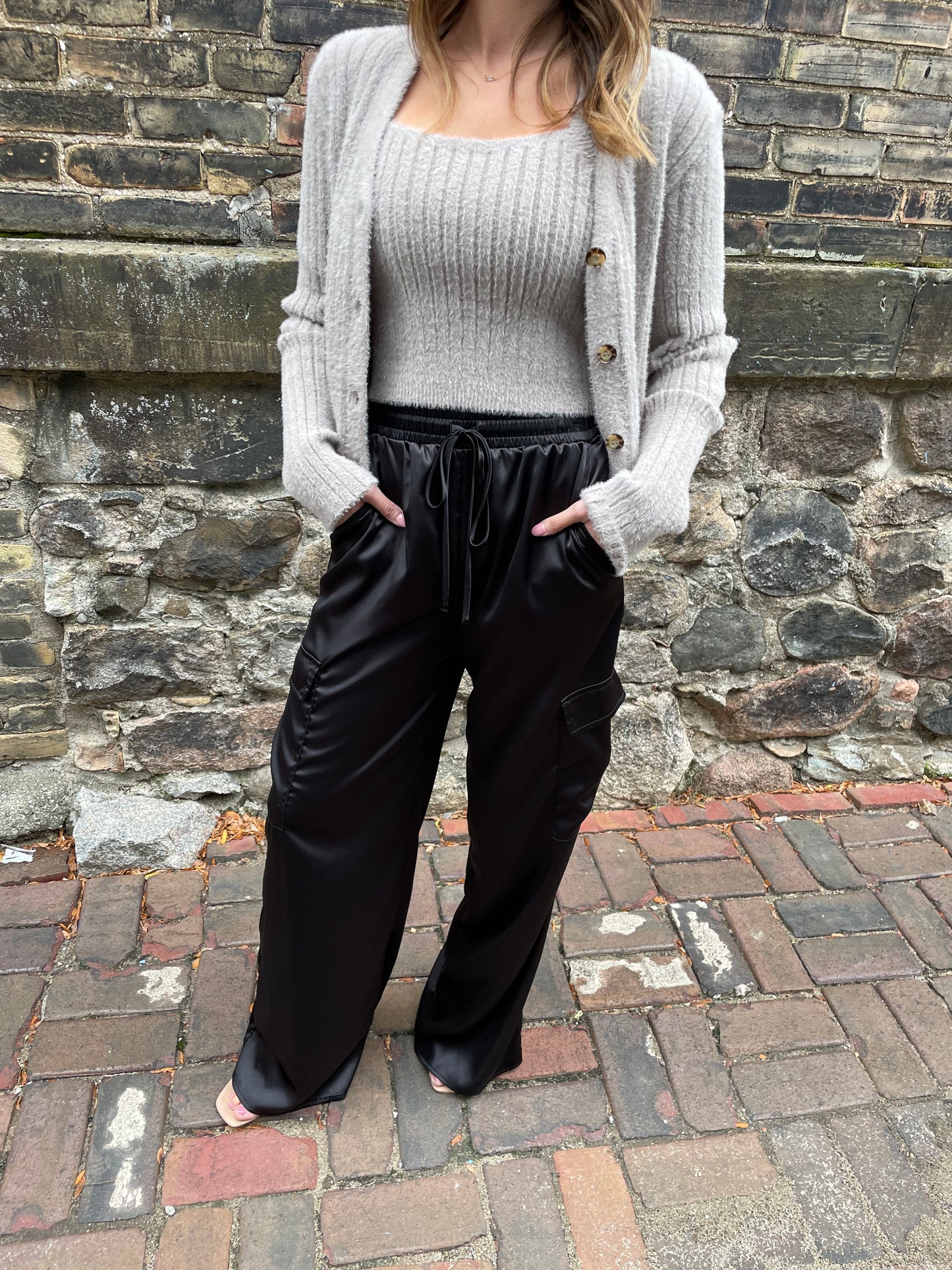 Satin Elastic Waist Cargo Trousers