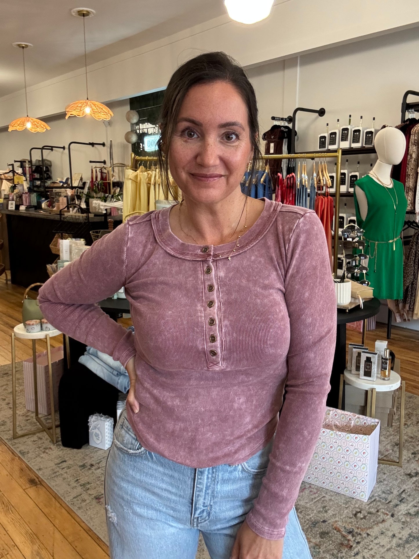 Washed Ribbed Long Sleeve Maroon