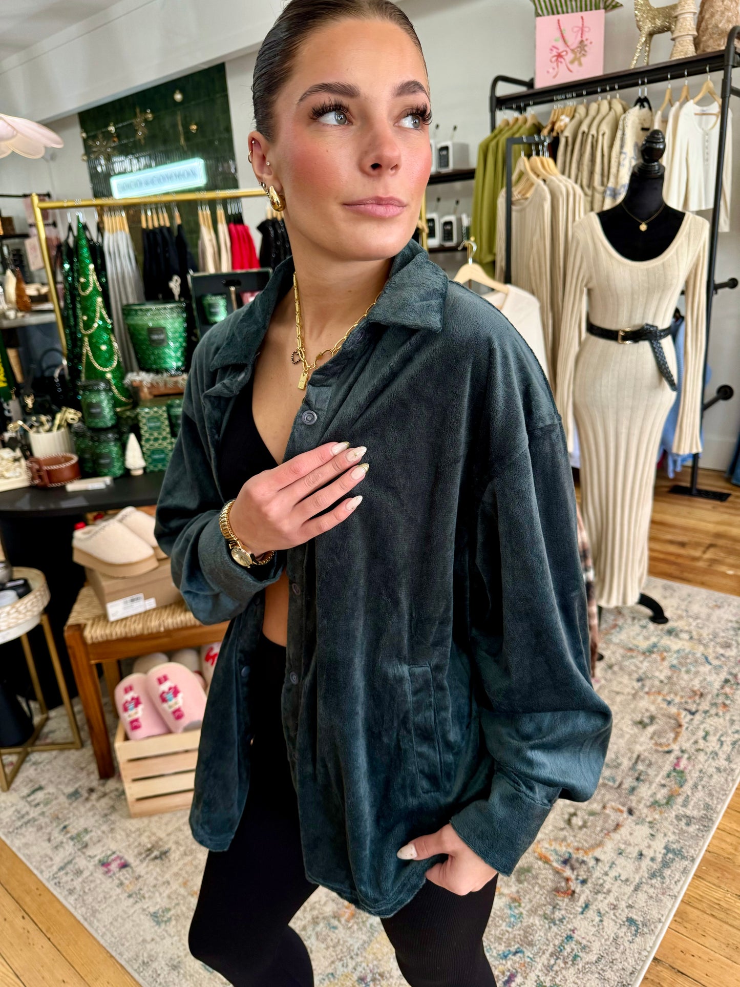 Jena Oversized Velvet Shirt -Green