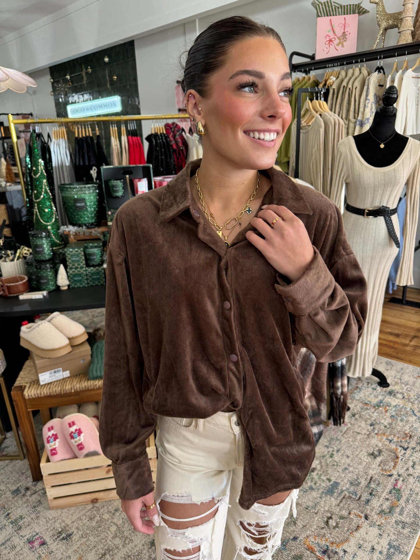 Jena Oversized Velvet Shirt - Chocolate