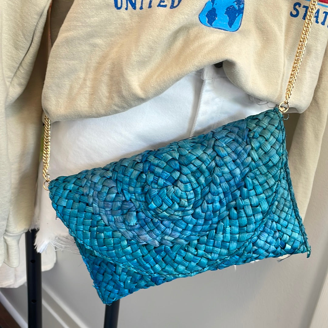 Straw Chain Crossbody Bag-Blue