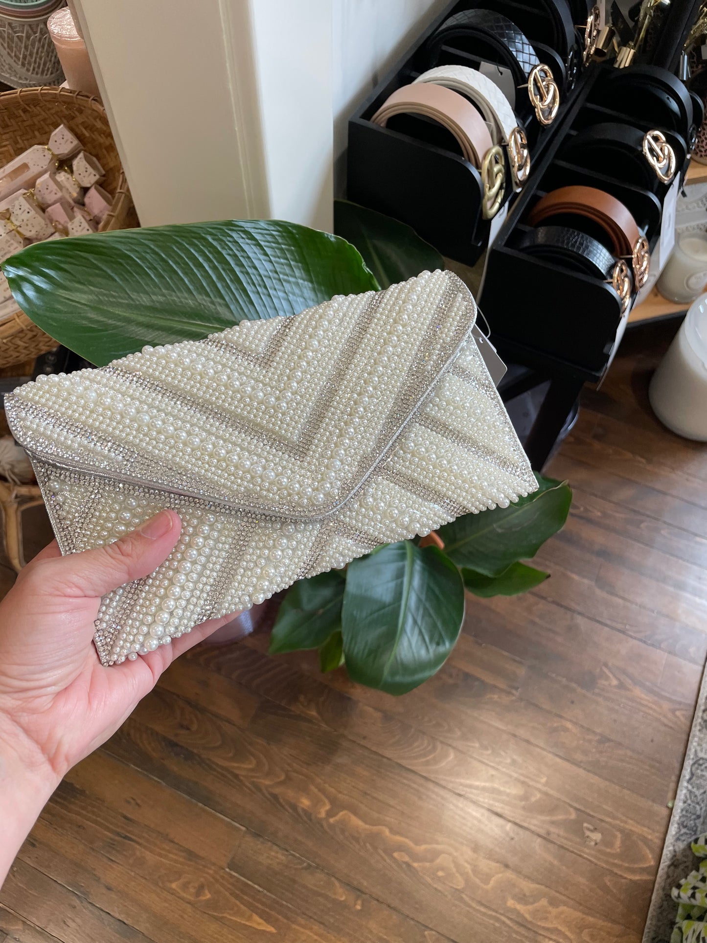 Pearl Detail Envelope Clutch - Silver