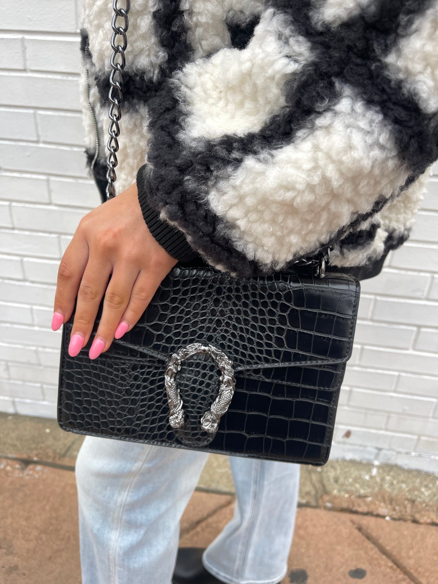 Faux Snakeskin Purse-Black