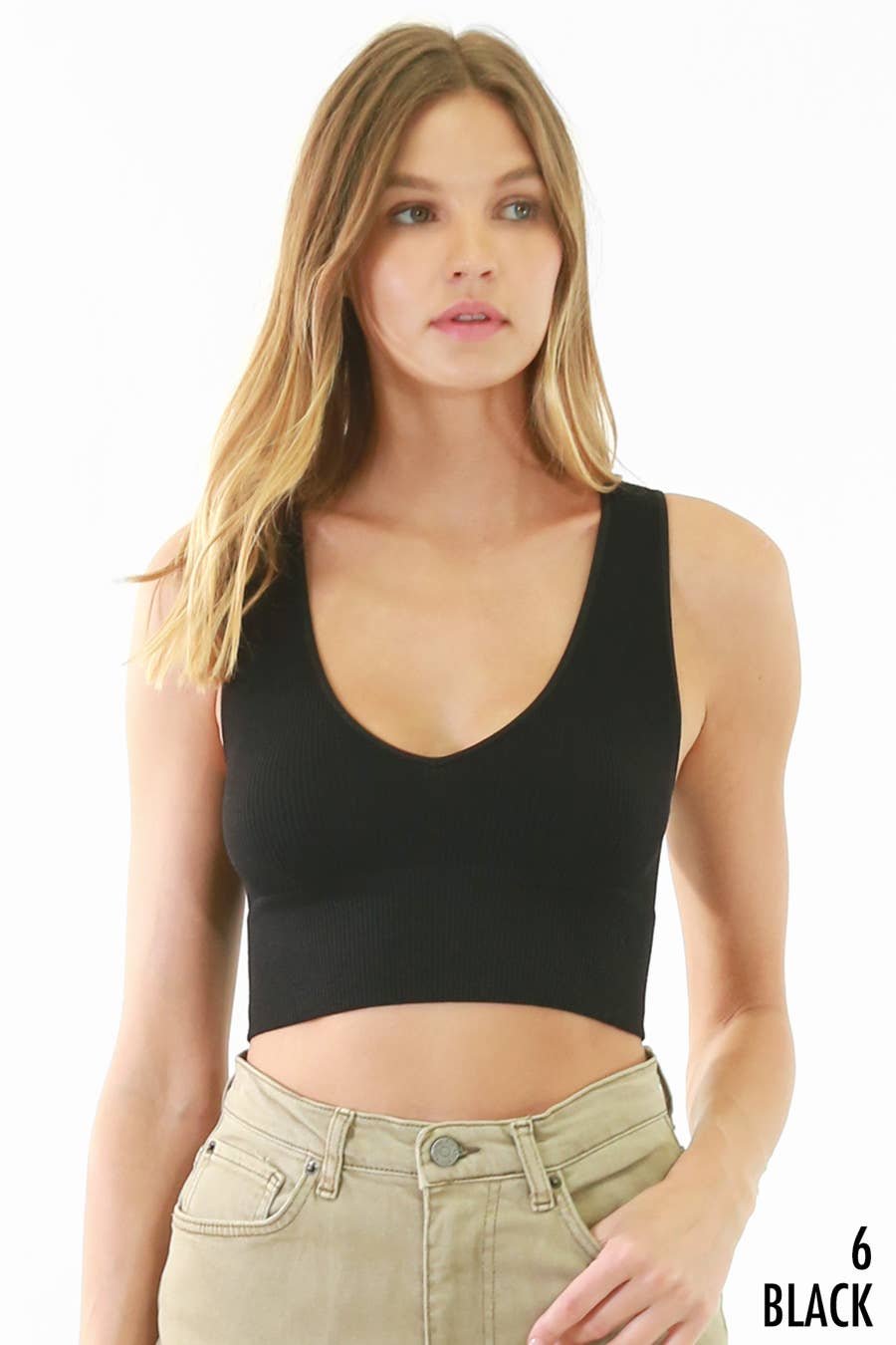 Plunge V-Neck Crop Top - Black