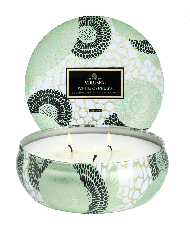 White Cypress 3 Wick Tin