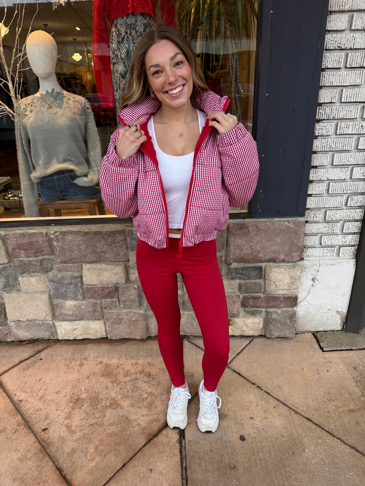 Crimson Gingham Puffer Jacket-PREORDER