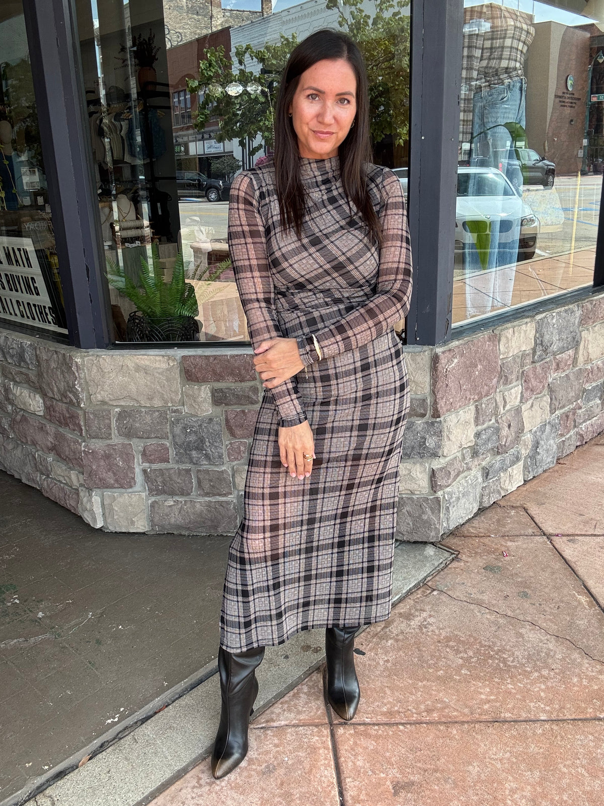 Marlowe Plaid Midi Dress - Black Multi