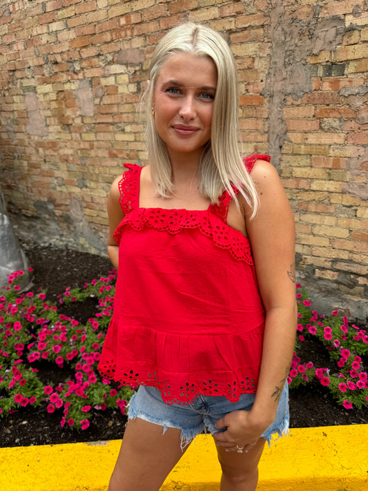 Rebecca Eyelet Red Tank