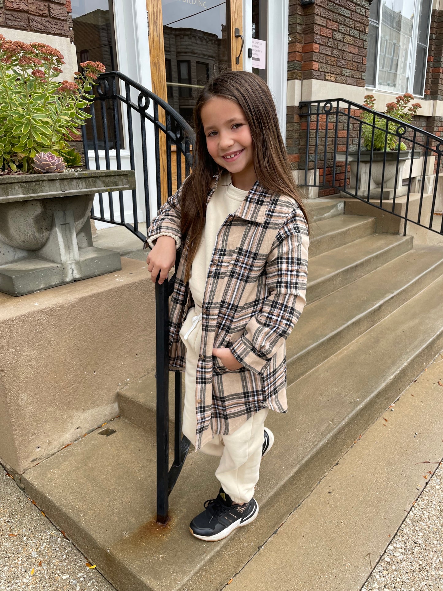 Kids Brush Flannel Long Shacket - Tan