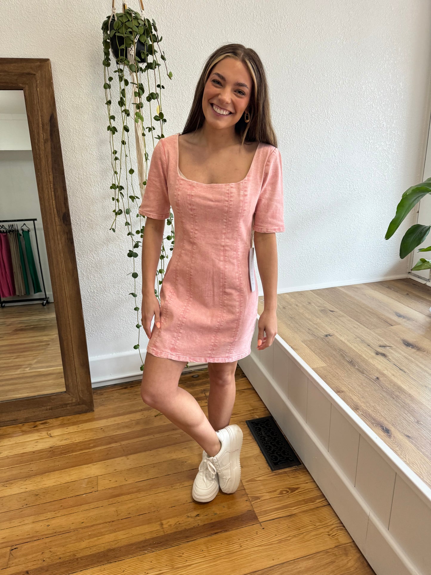 Pink Denim Square Neck Dress