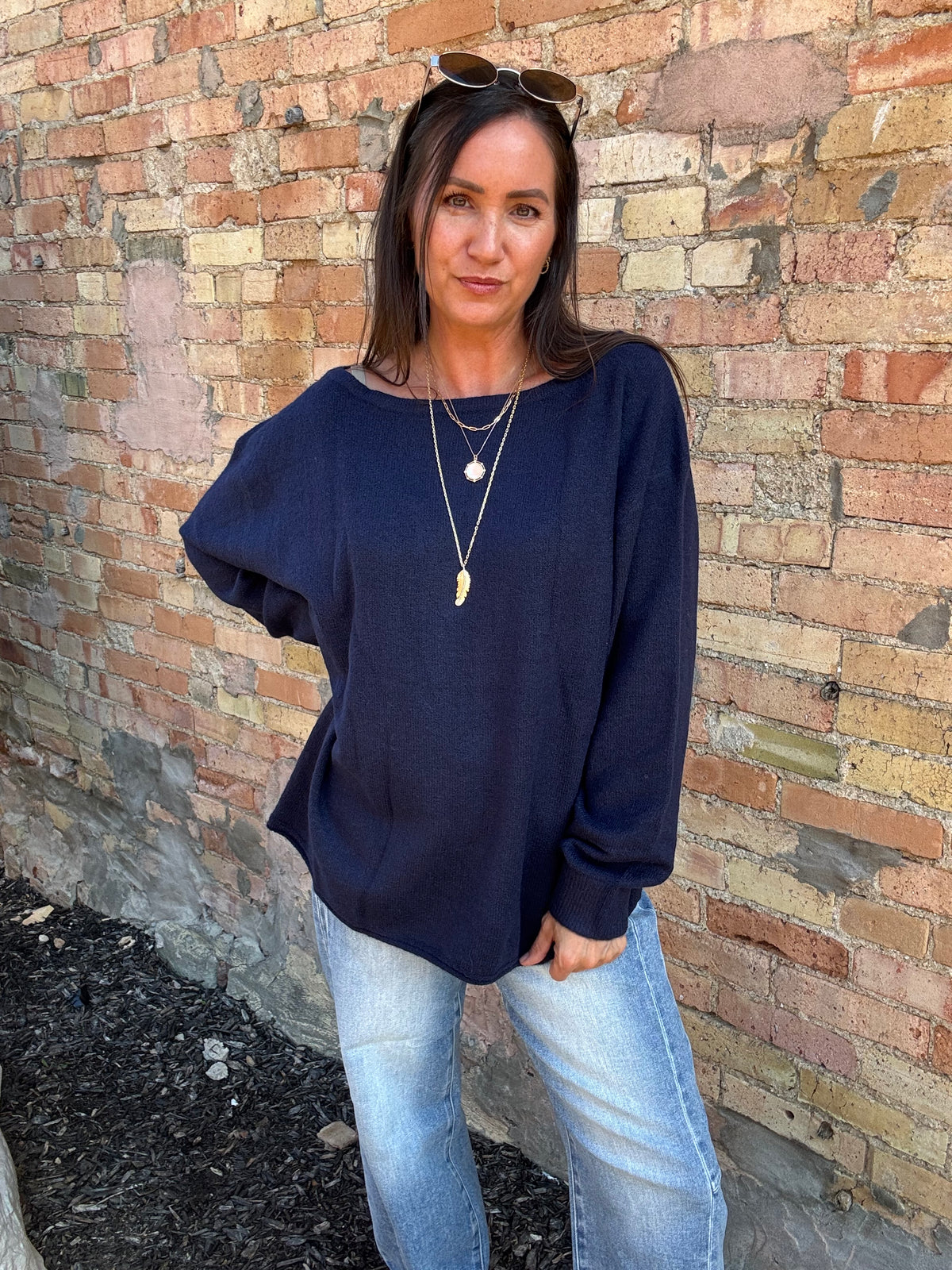Navy Boat Neck Top