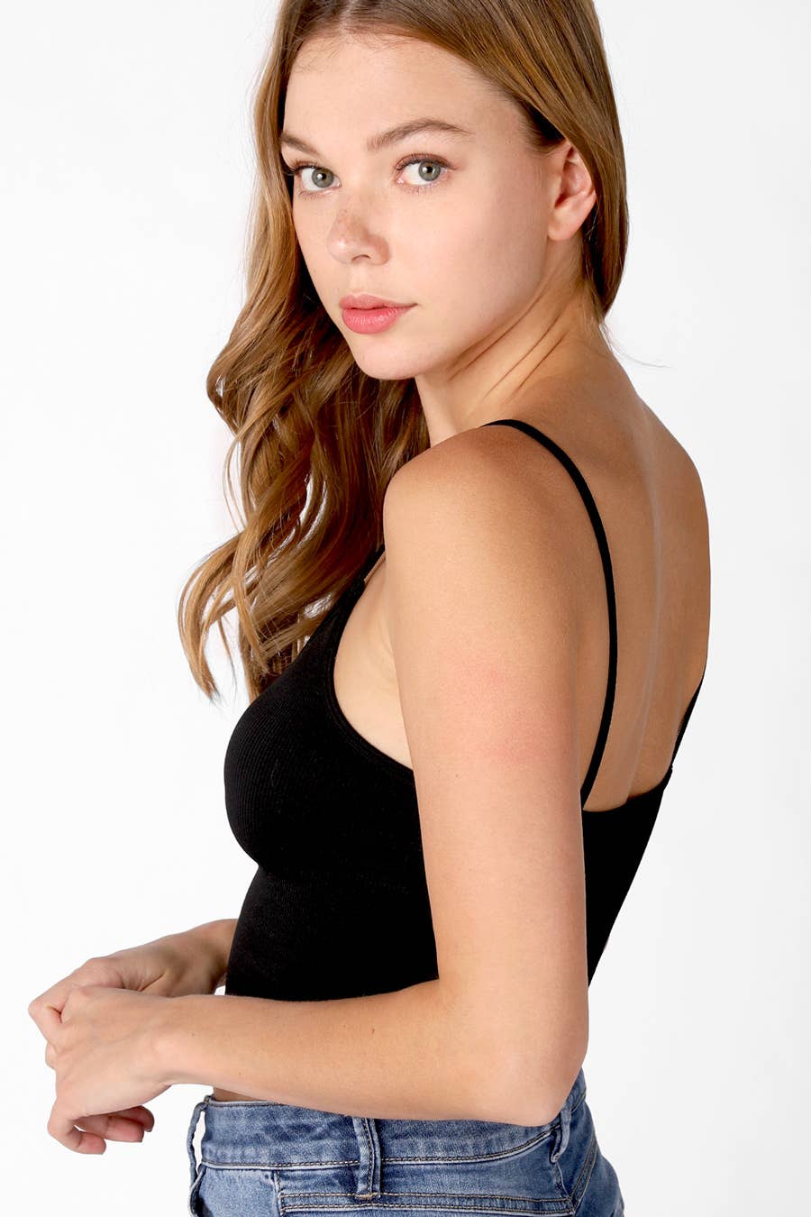 Ribbed V Neck Cami - Black