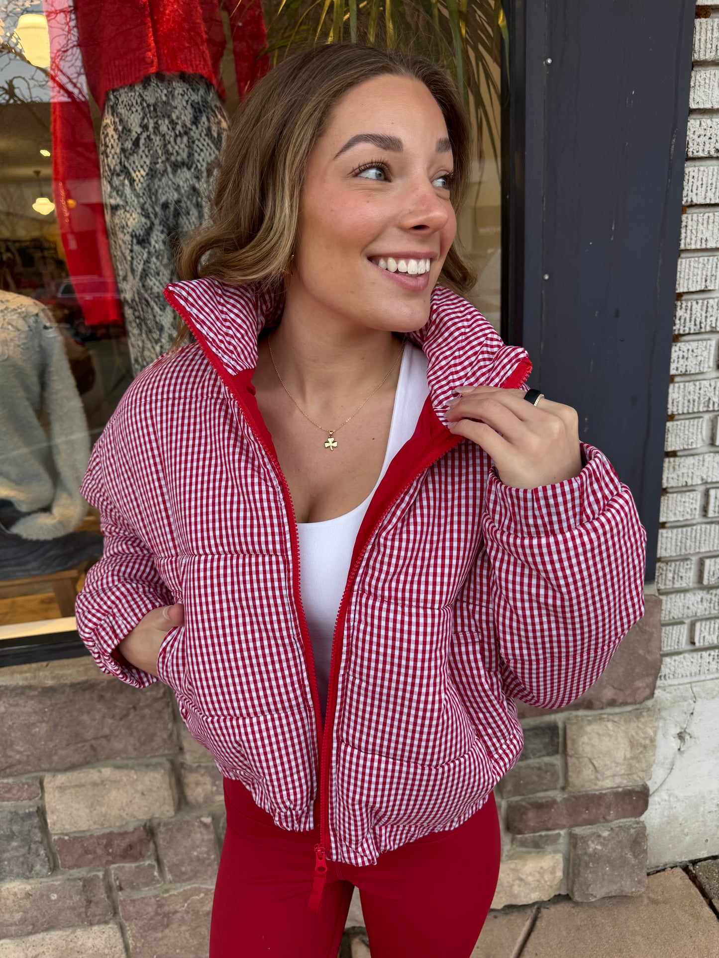 Crimson Gingham Puffer Jacket-PREORDER
