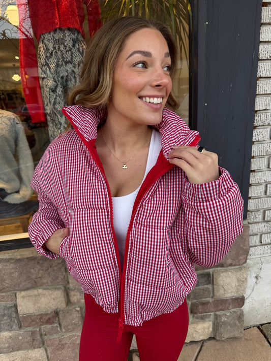 Crimson Gingham Puffer Jacket-PREORDER
