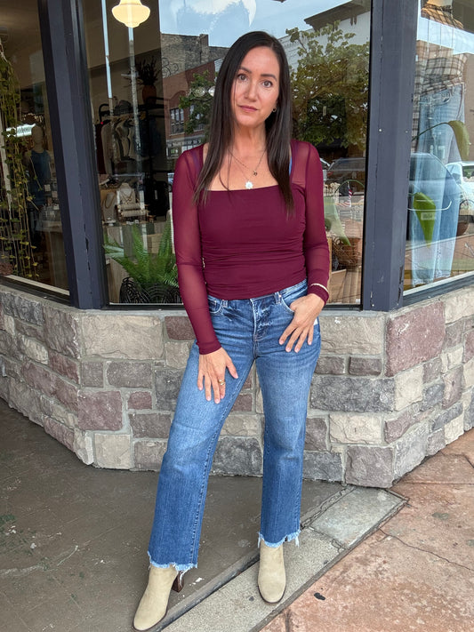 Cassie Sheer Sleeve Top Burgundy