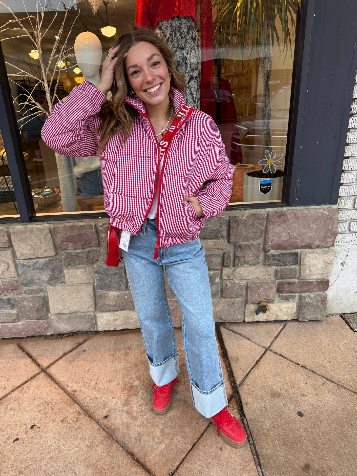 Crimson Gingham Puffer Jacket-PREORDER