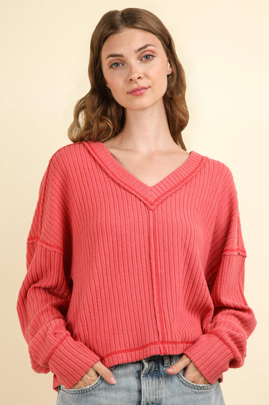 Becca V-Neck Cozy Top -CORAL