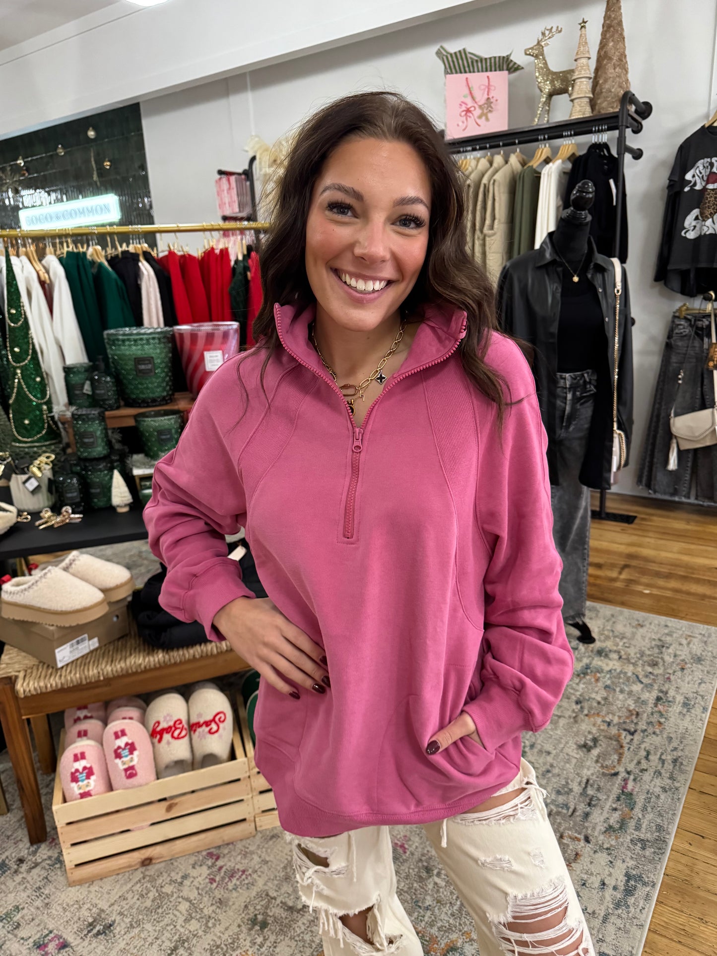 Oversized Quarter Zip Sweatshirt - Rose