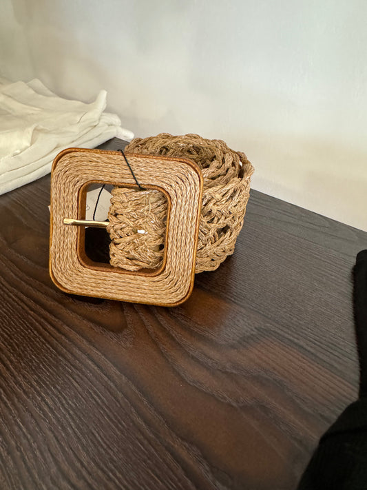 Woven Straw Belt with Square Buckle