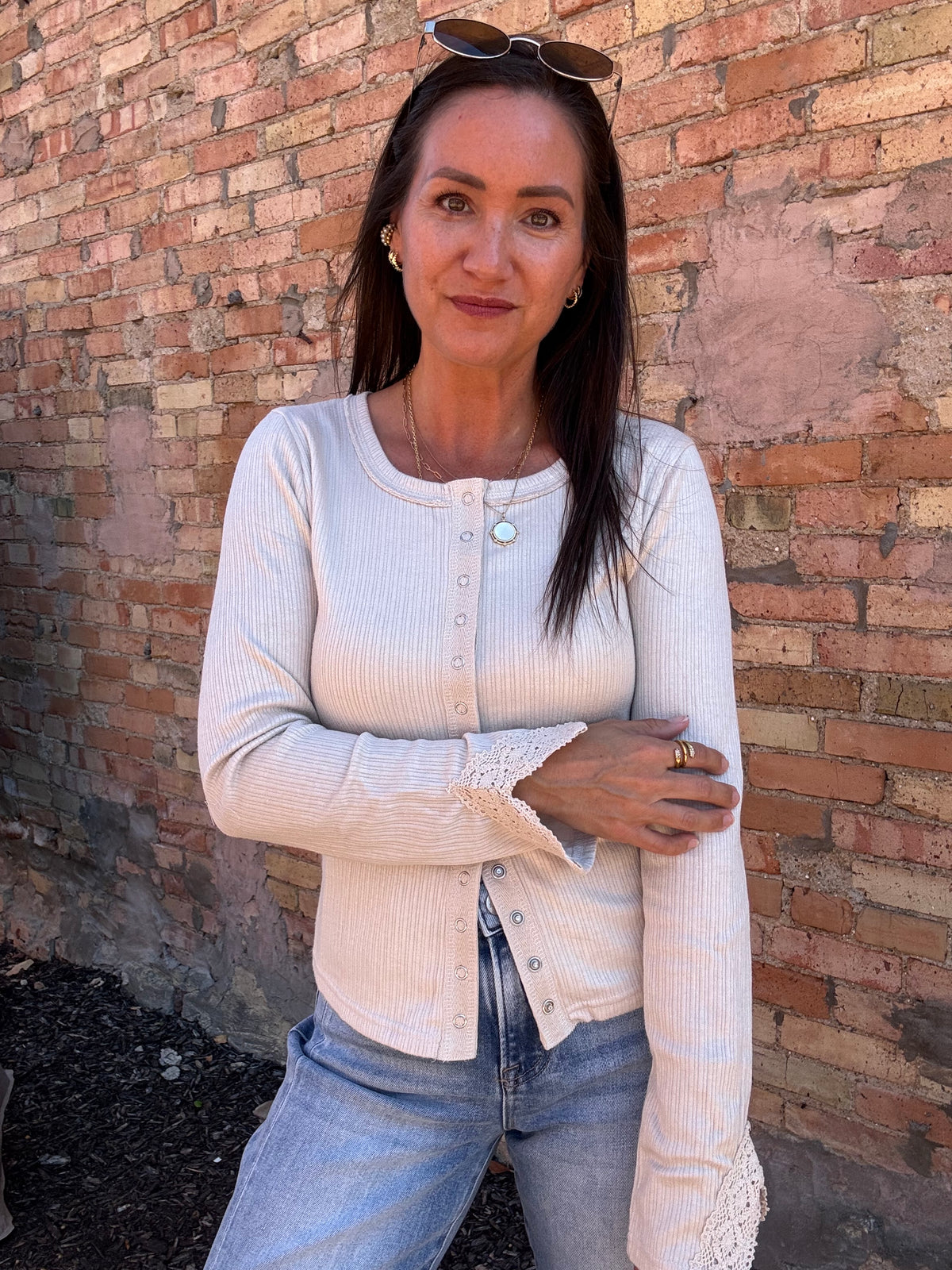 Faye Lace Cuff Top - Oatmeal