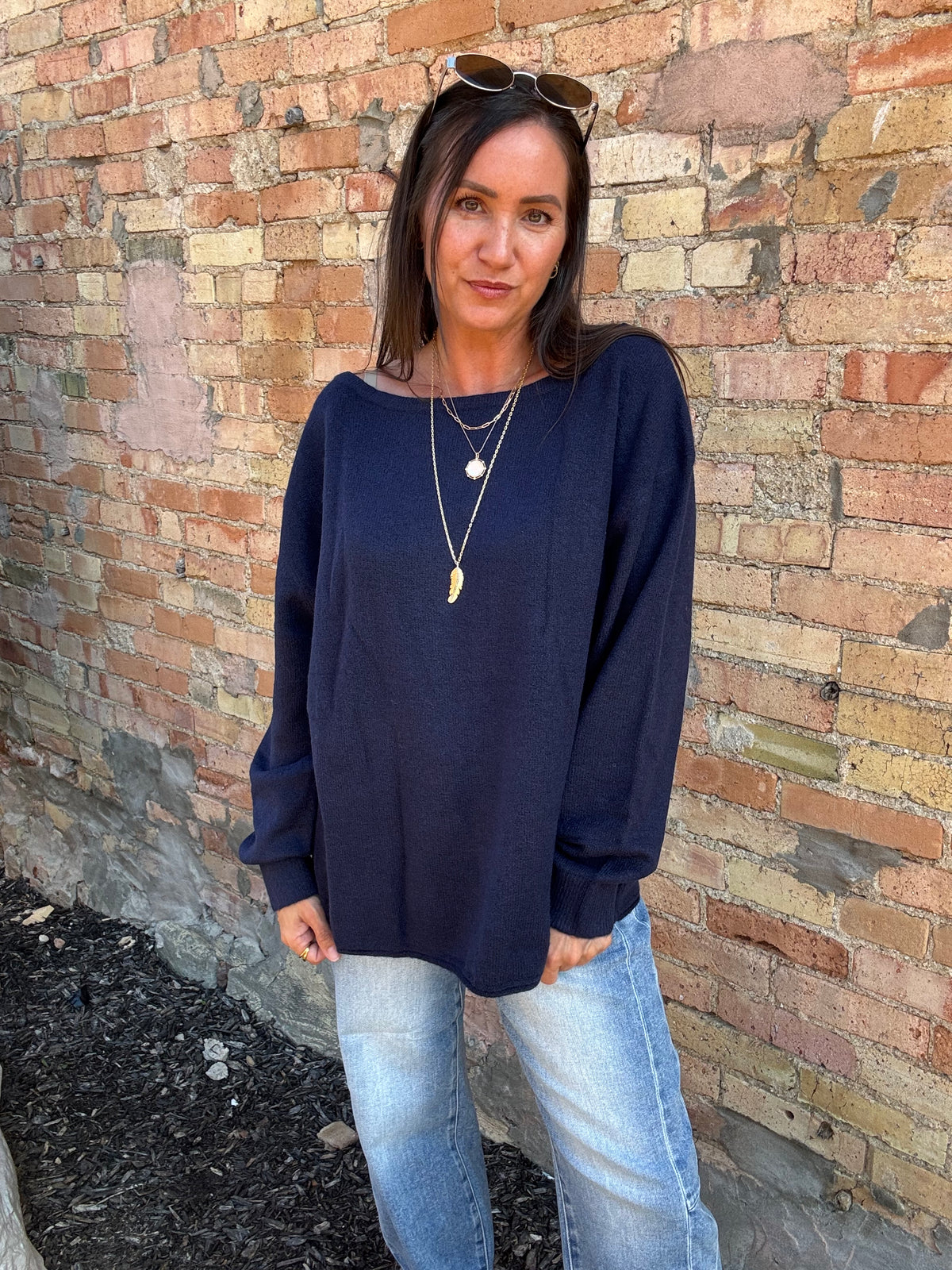 Navy Boat Neck Top