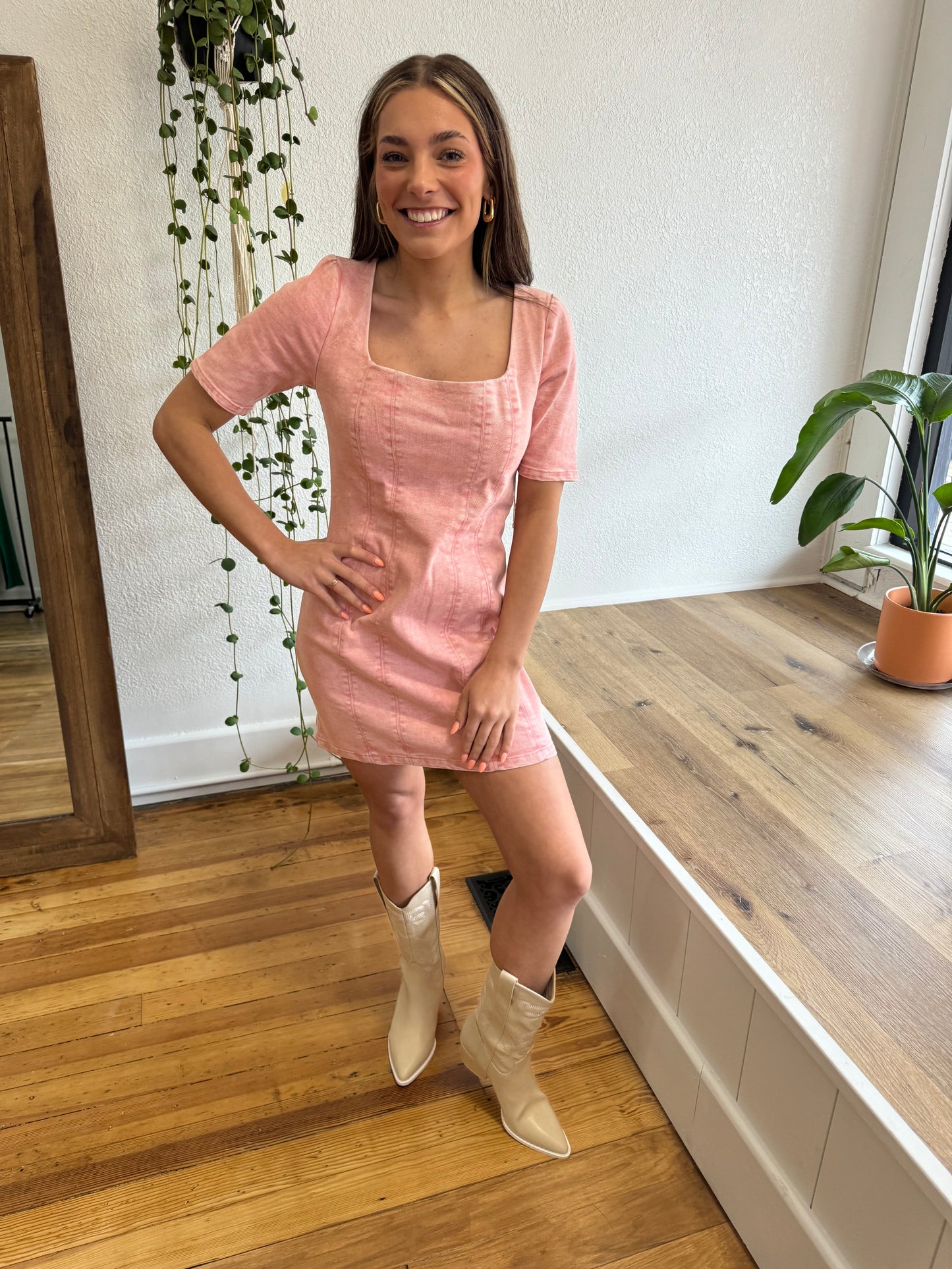 Pink Denim Square Neck Dress