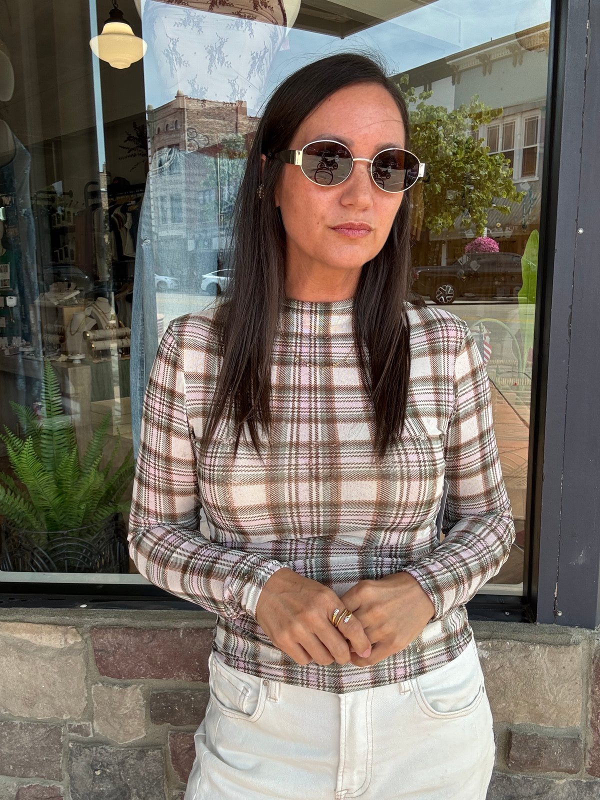 Brushwood Plaid Mesh Top