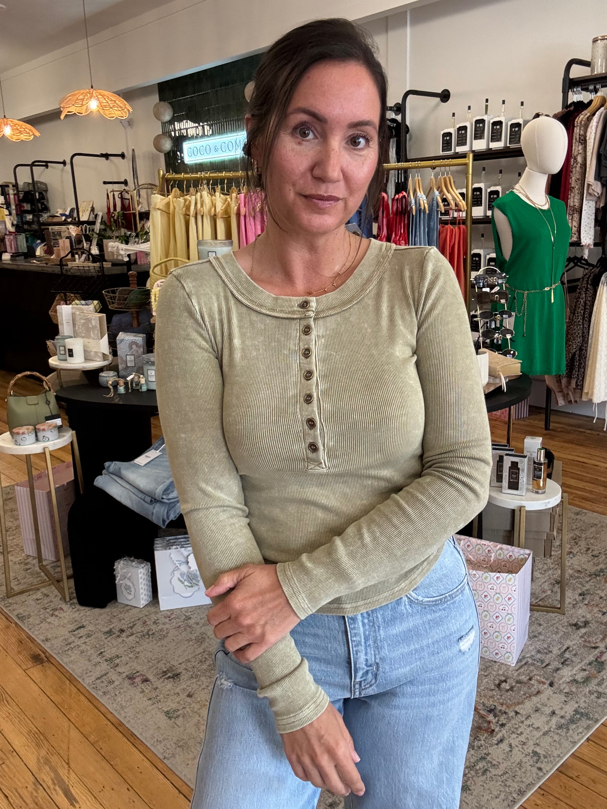 Washed Ribbed Long Sleeve Olive