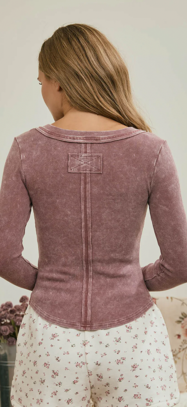 Washed Ribbed Long Sleeve Maroon