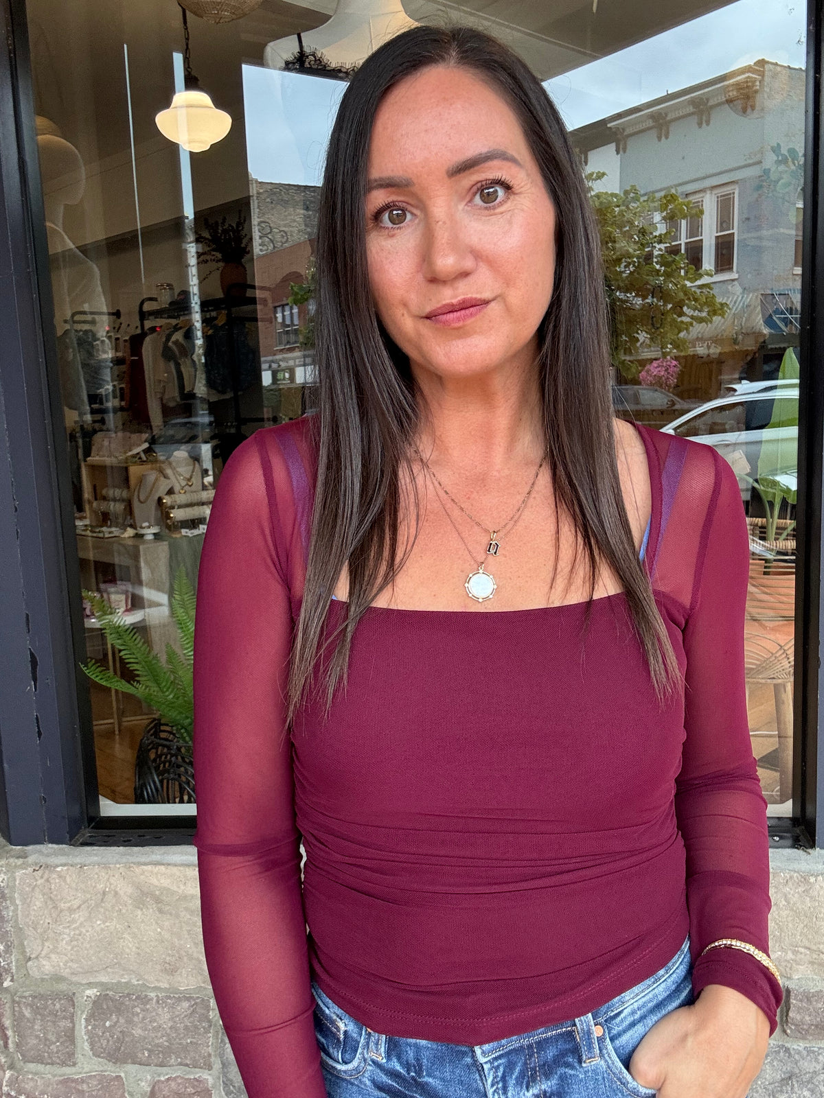 Cassie Sheer Sleeve Top Burgundy