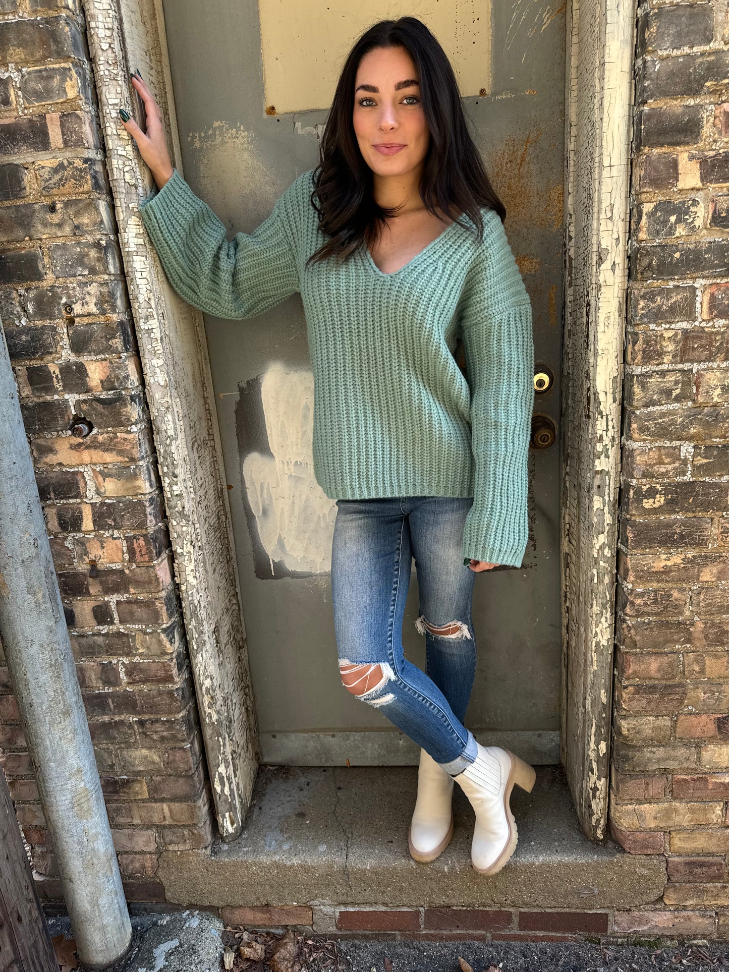 Presley Chunky Knit Sweater-Iceberg Green