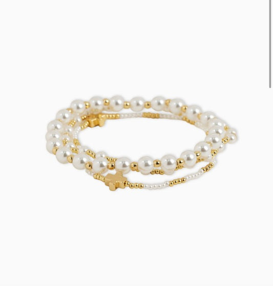 Cross Pearl Stretch Bracelet Set