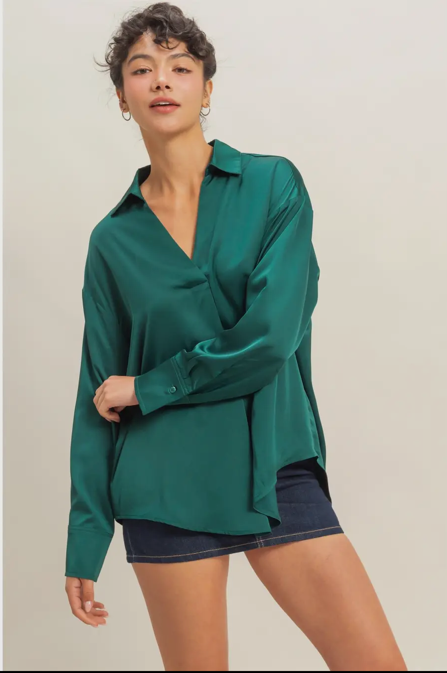 Emerald Drift Satin Blouse