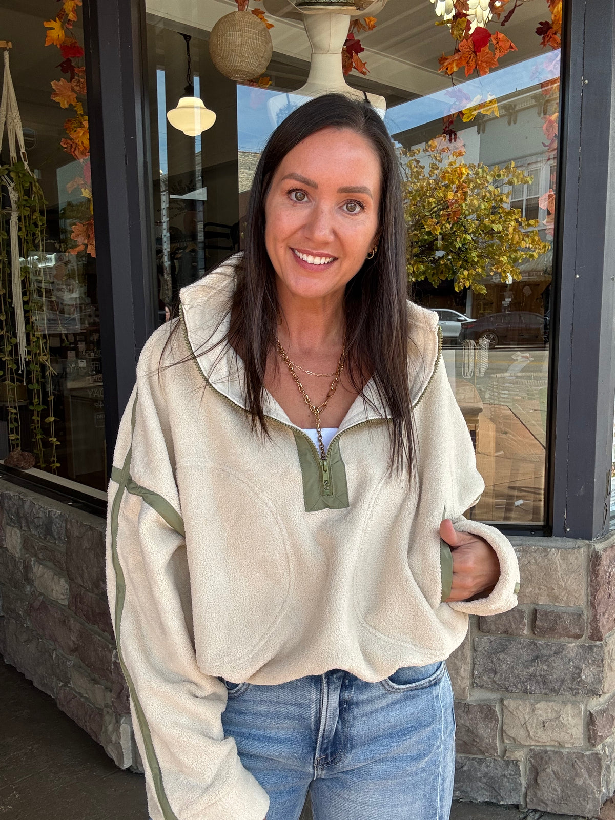 Bexley Fleece Pullover - Cream/Olive