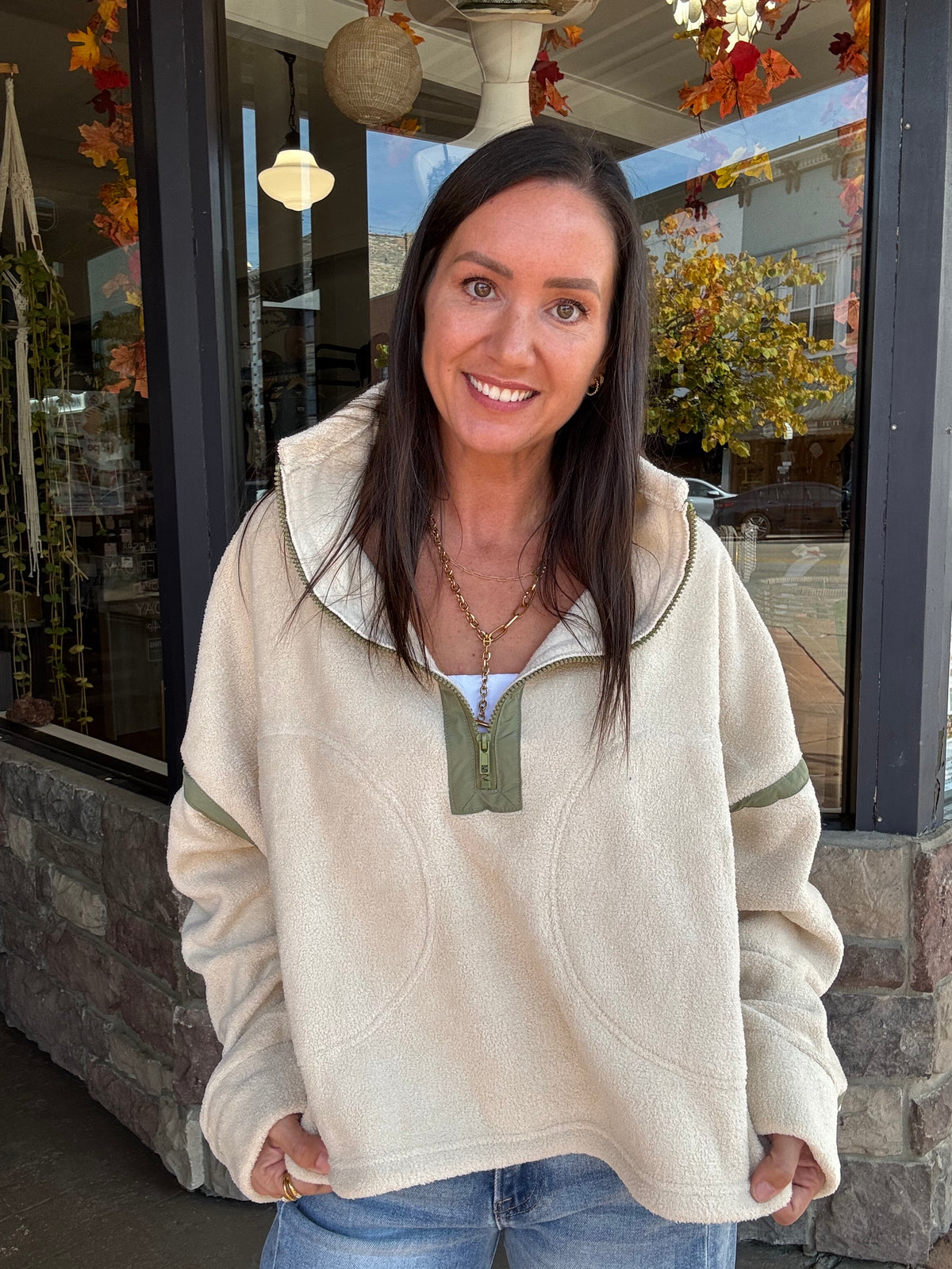 Bexley Fleece Pullover - Cream/Olive
