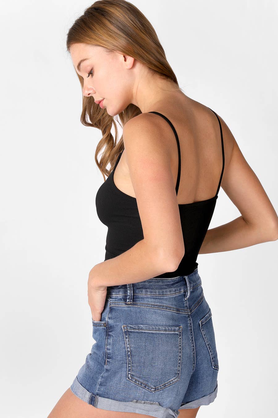 Ribbed V Neck Cami - Black