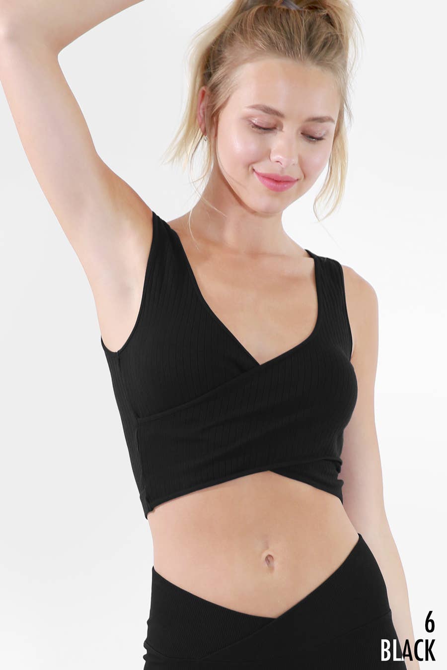 Ribbed Cross Over Crop Top - Black